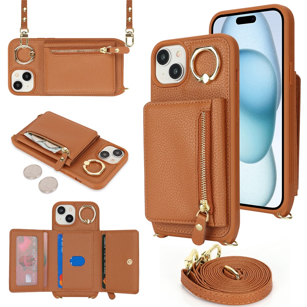 For iPhone 15 Plus / 14 Plus Case Card Bag PU Leather+TPU Phone Cover with Ring Kickstand - Brown