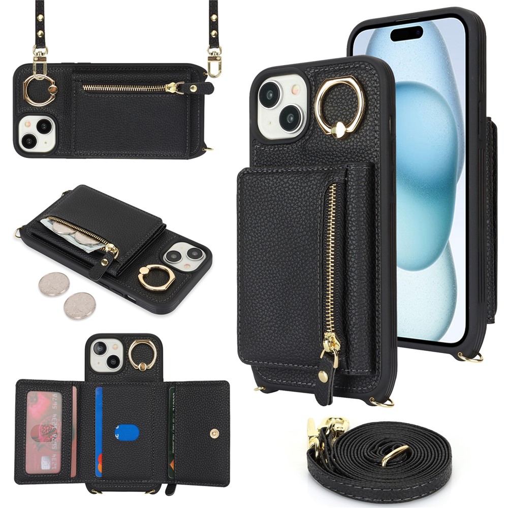 For iPhone 15 Plus / 14 Plus Case Card Bag PU Leather+TPU Phone Cover with Ring Kickstand - Black