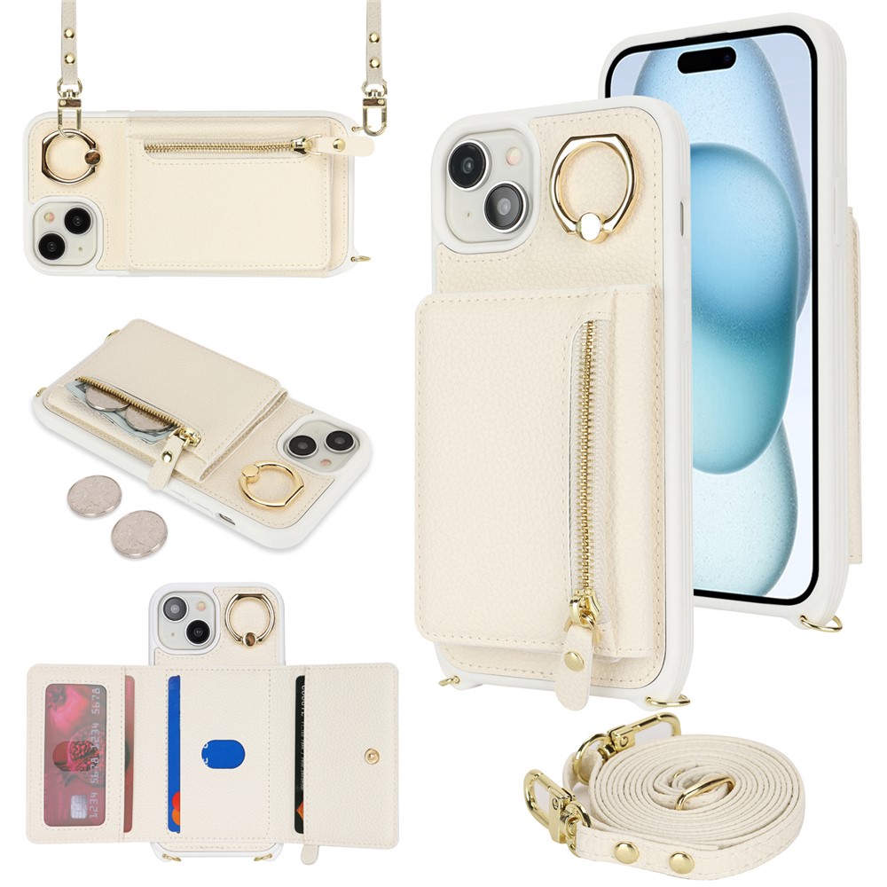 For iPhone 15 Plus / 14 Plus Case Card Bag PU Leather+TPU Phone Cover with Ring Kickstand - White
