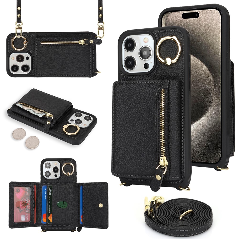 For iPhone 14 Pro Case Card Bag Ring Kickstand PU Leather+TPU Phone Cover with Shoulder Strap - Black