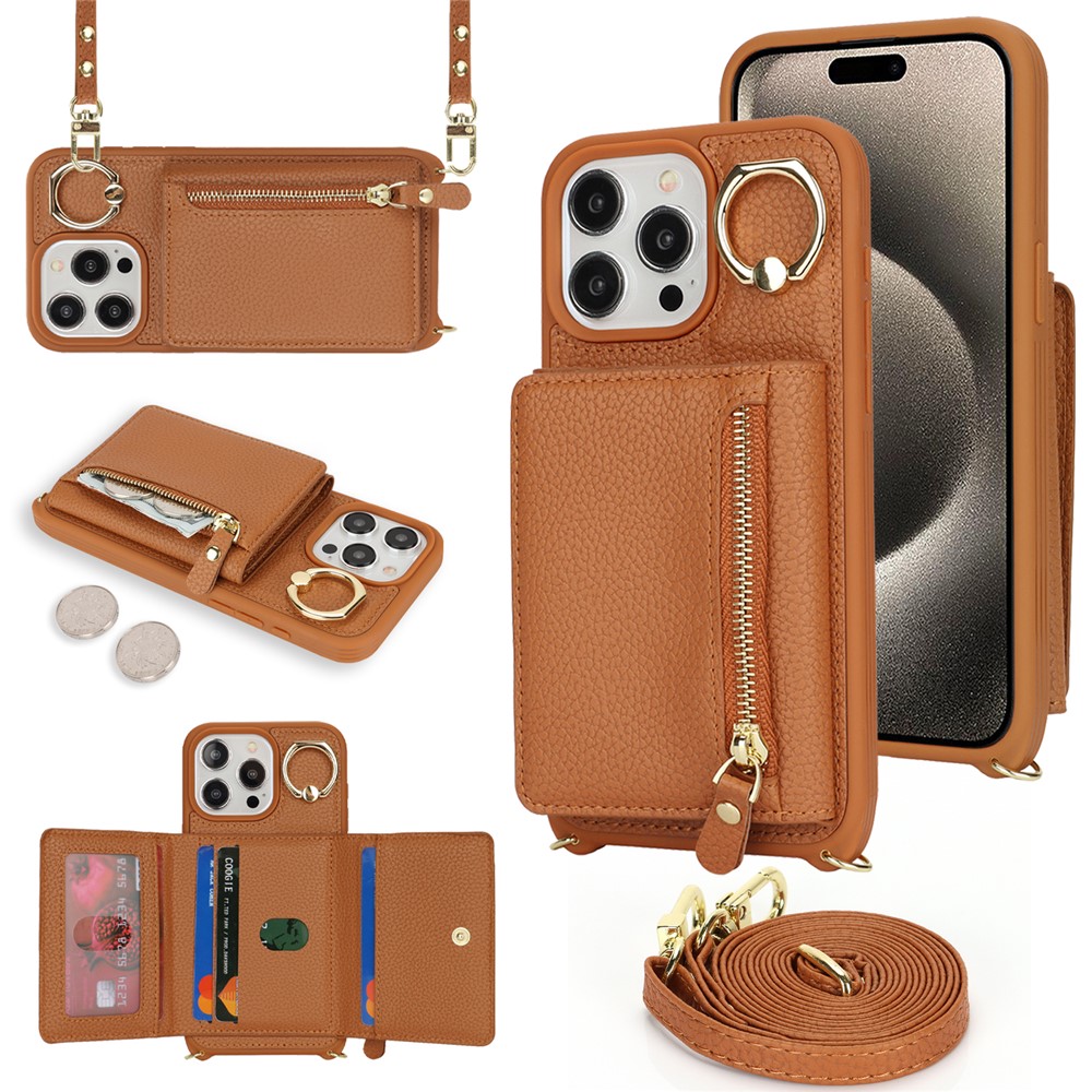 For iPhone 14 Pro Case Card Bag Ring Kickstand PU Leather+TPU Phone Cover with Shoulder Strap - Brown