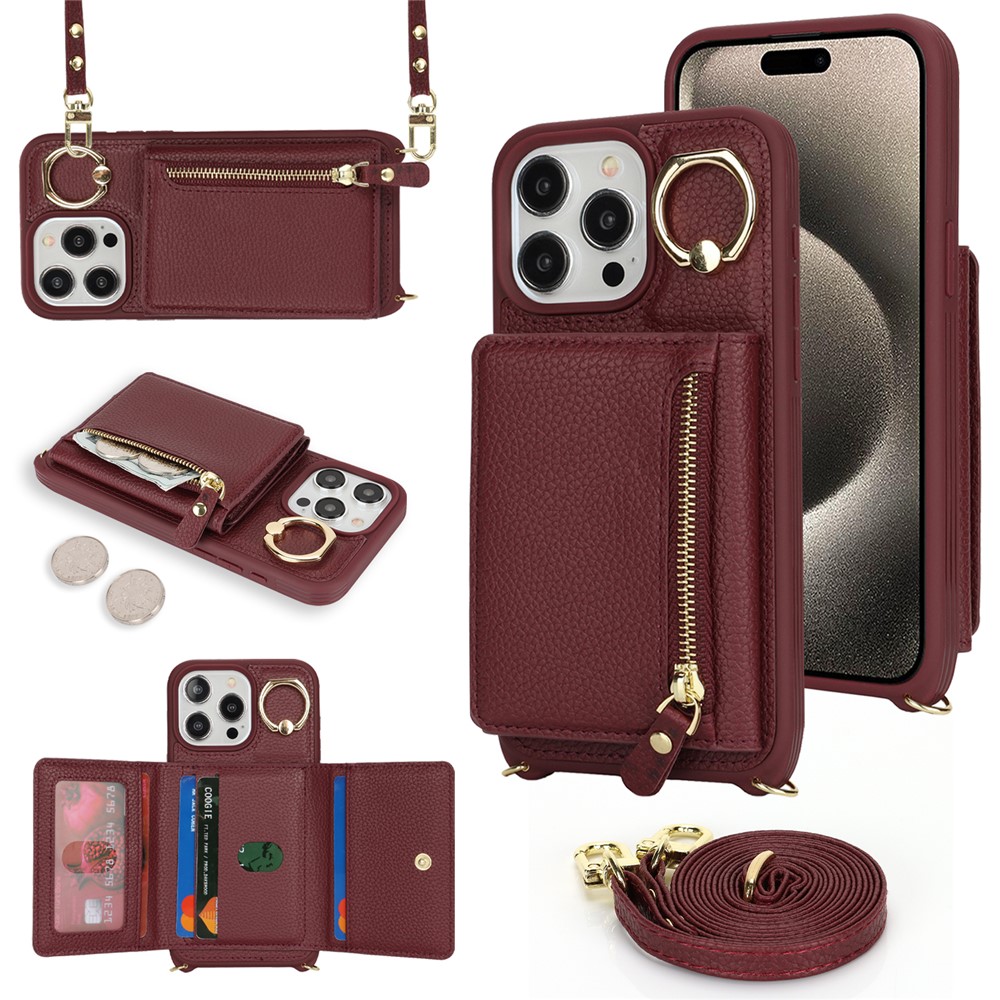 For iPhone 14 Pro Case Card Bag Ring Kickstand PU Leather+TPU Phone Cover with Shoulder Strap - Wine Red