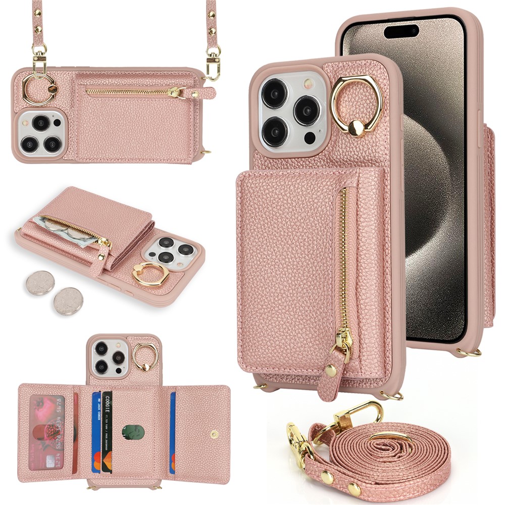 For iPhone 14 Pro Case Card Bag Ring Kickstand PU Leather+TPU Phone Cover with Shoulder Strap - Rose Gold