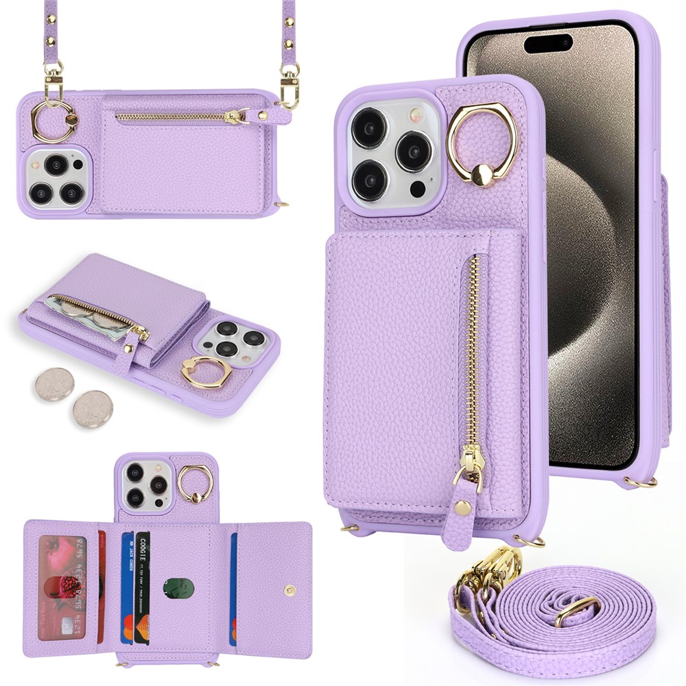 For iPhone 14 Pro Case Card Bag Ring Kickstand PU Leather+TPU Phone Cover with Shoulder Strap - Purple