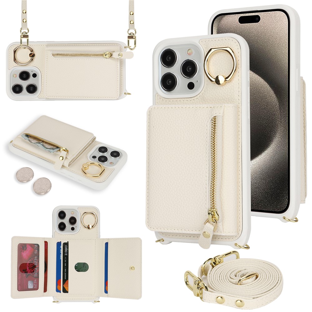 For iPhone 14 Pro Case Card Bag Ring Kickstand PU Leather+TPU Phone Cover with Shoulder Strap - White