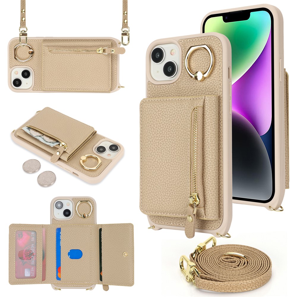 For iPhone 14 / 13 Case Litchi Texture Card Bag Leather+TPU Crossbody Phone Cover with Ring Kickstand - Beige