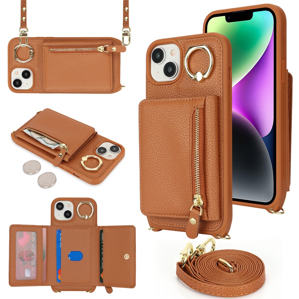 For iPhone 14 / 13 Case Litchi Texture Card Bag Leather+TPU Crossbody Phone Cover with Ring Kickstand - Brown
