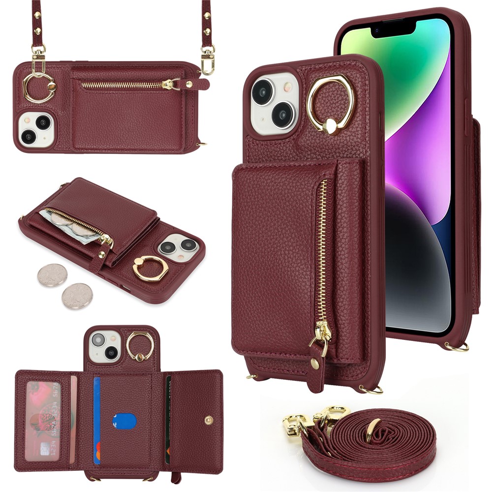 For iPhone 14 / 13 Case Litchi Texture Card Bag Leather+TPU Crossbody Phone Cover with Ring Kickstand - Wine Red