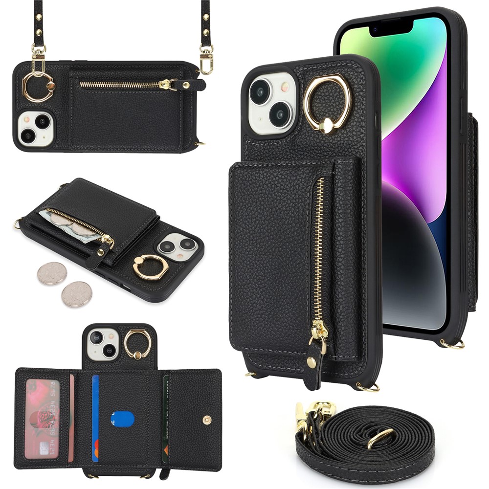 For iPhone 14 / 13 Case Litchi Texture Card Bag Leather+TPU Crossbody Phone Cover with Ring Kickstand - Black