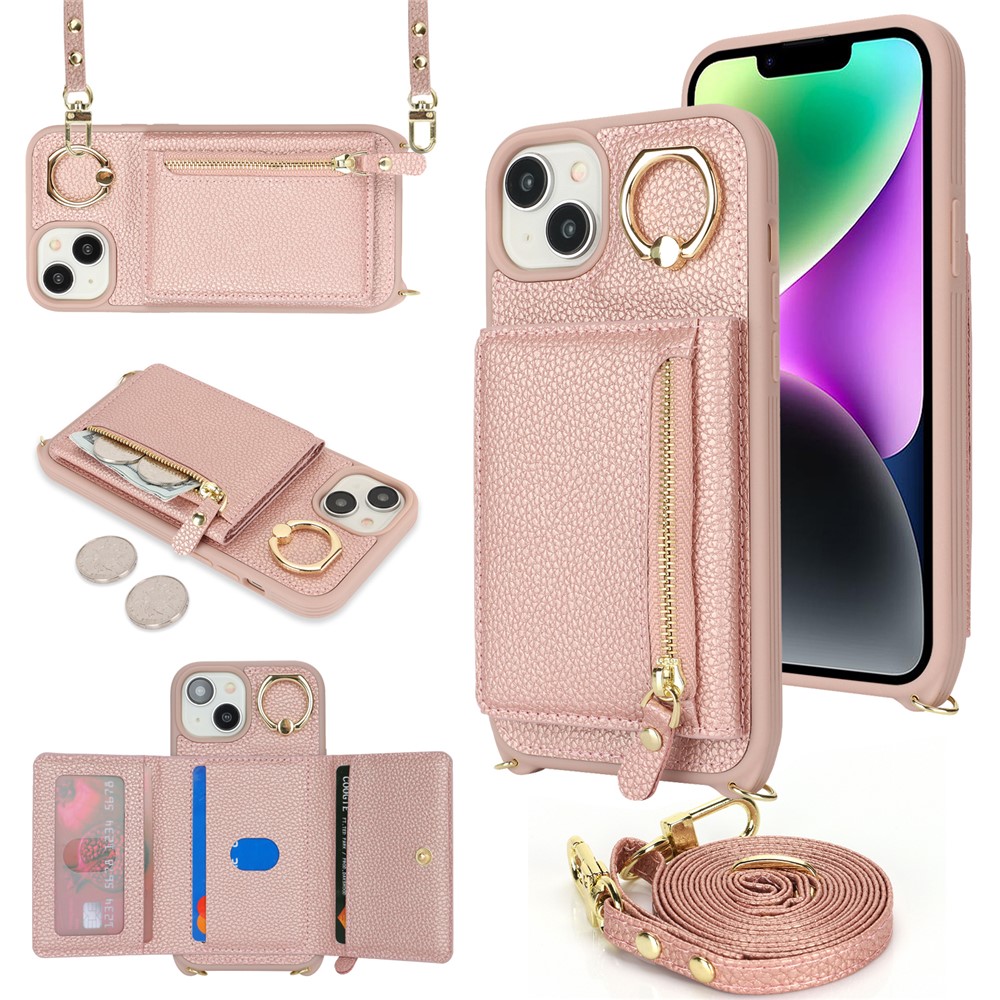For iPhone 14 / 13 Case Litchi Texture Card Bag Leather+TPU Crossbody Phone Cover with Ring Kickstand - Rose Gold