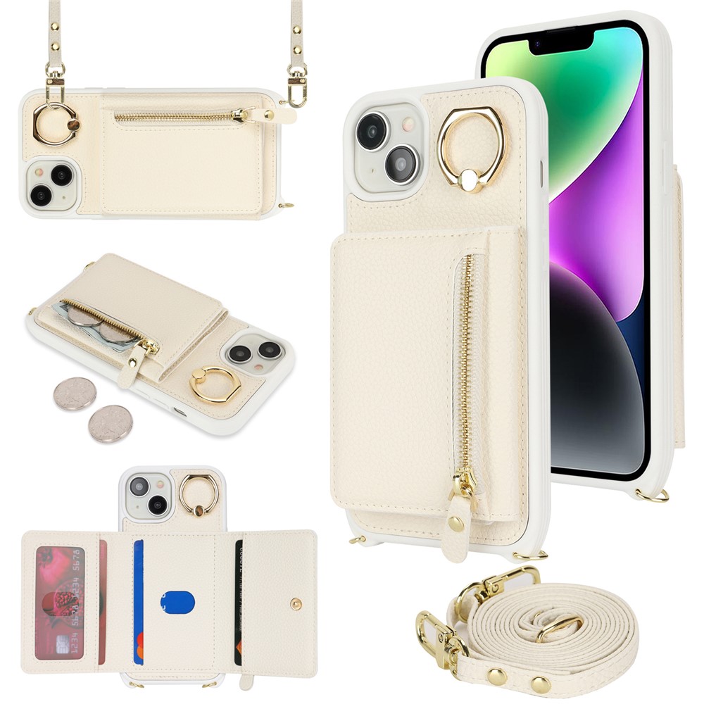 For iPhone 14 / 13 Case Litchi Texture Card Bag Leather+TPU Crossbody Phone Cover with Ring Kickstand - White