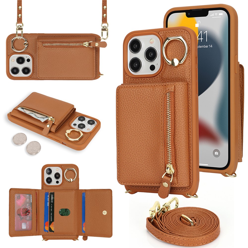 For iPhone 13 Pro Case Zipper Pocket Ring Kickstand PU Leather+TPU Phone Cover with Long Strap - Brown