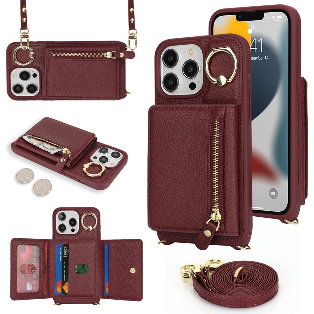 For iPhone 13 Pro Case Zipper Pocket Ring Kickstand PU Leather+TPU Phone Cover with Long Strap - Wine Red