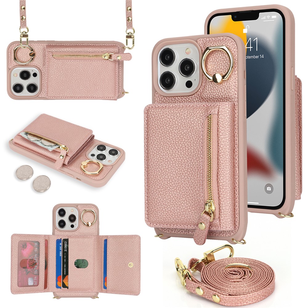 For iPhone 13 Pro Case Zipper Pocket Ring Kickstand PU Leather+TPU Phone Cover with Long Strap - Rose Gold