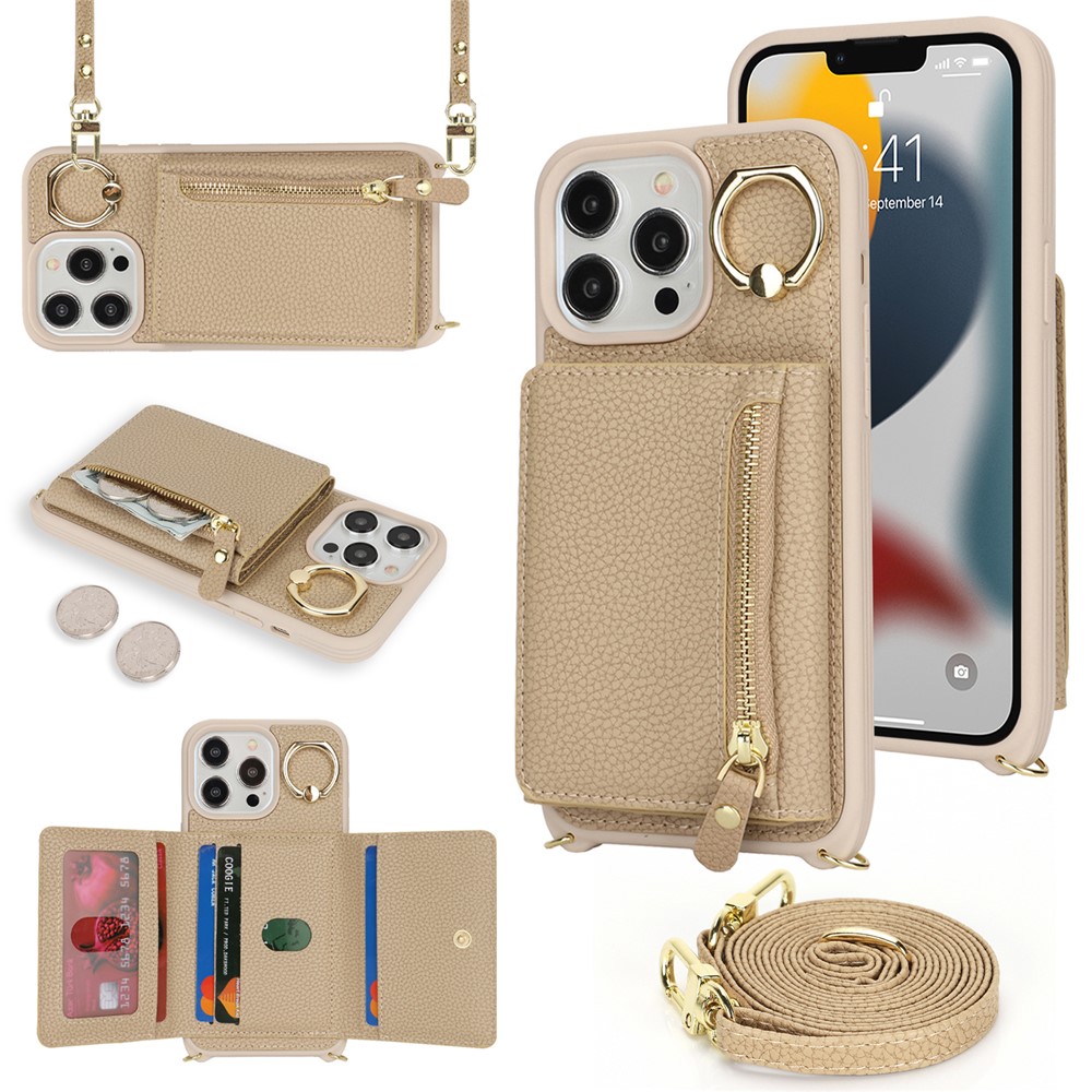 For iPhone 13 Pro Case Zipper Pocket Ring Kickstand PU Leather+TPU Phone Cover with Long Strap - Beige