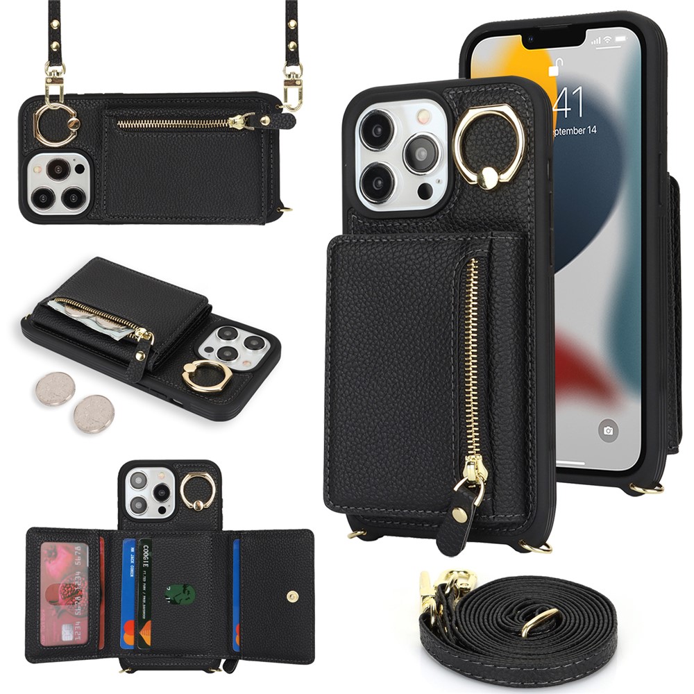 For iPhone 13 Pro Max / 12 Pro Max Case Litchi Texture Card Bag Leather+TPU Phone Cover with Long Strap - Black