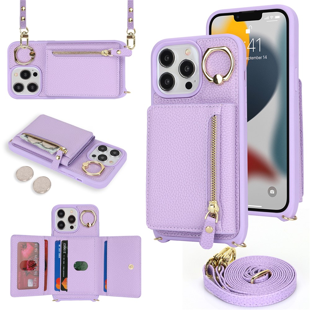 For iPhone 13 Pro Max / 12 Pro Max Case Litchi Texture Card Bag Leather+TPU Phone Cover with Long Strap - Purple