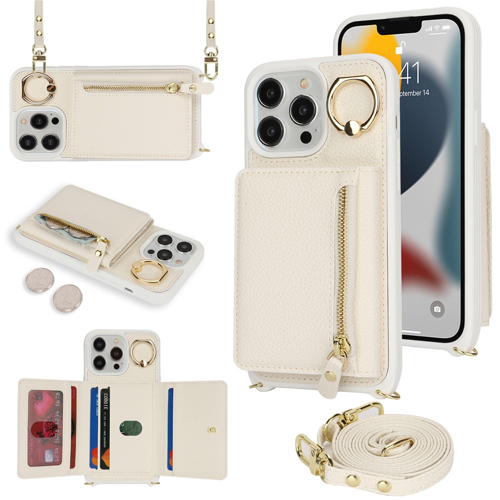 For iPhone 13 Pro Max / 12 Pro Max Case Litchi Texture Card Bag Leather+TPU Phone Cover with Long Strap - White