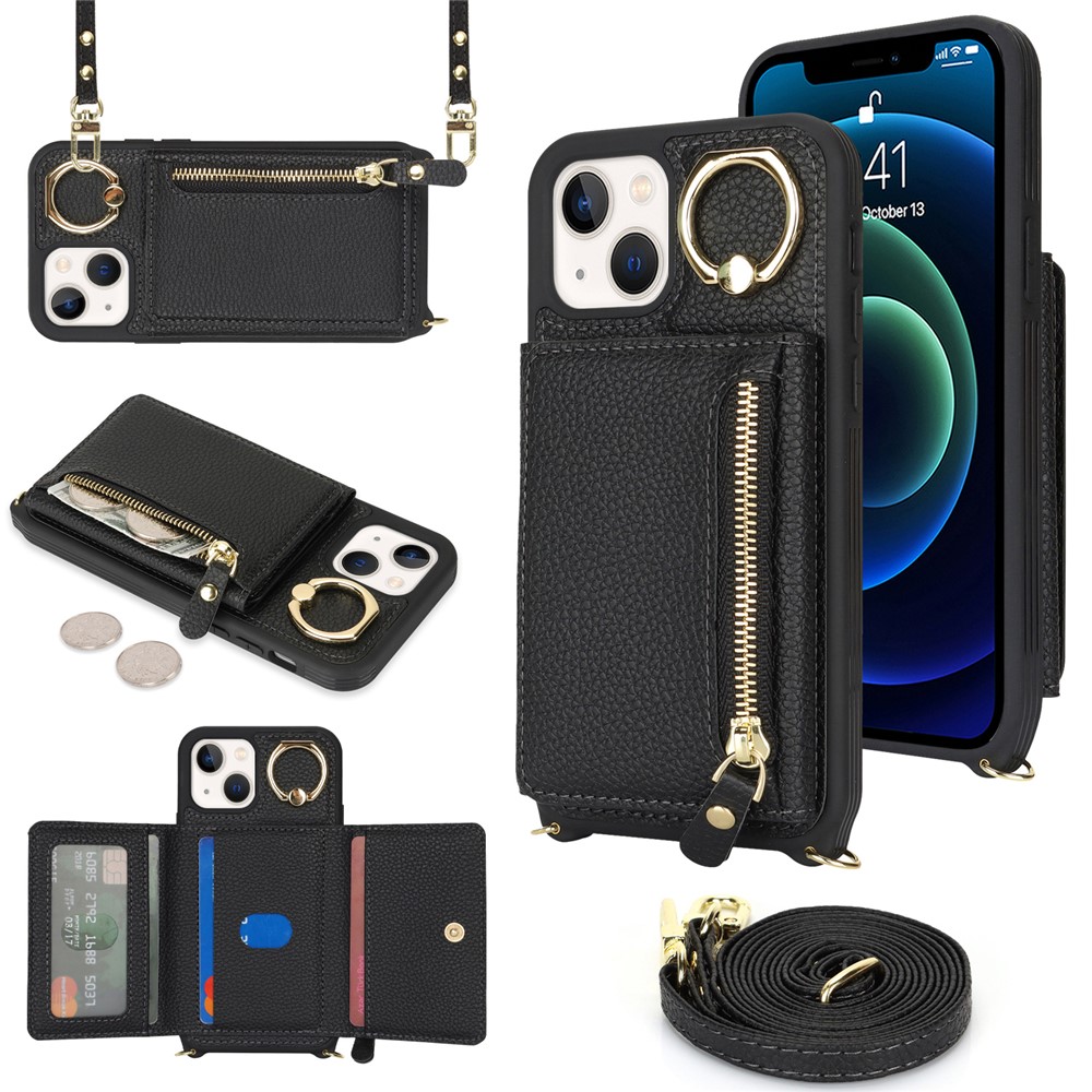 For iPhone 13 mini Case Card Bag Zipper Pocket Leather+TPU Ring Holder Phone Cover with Long Strap - Black