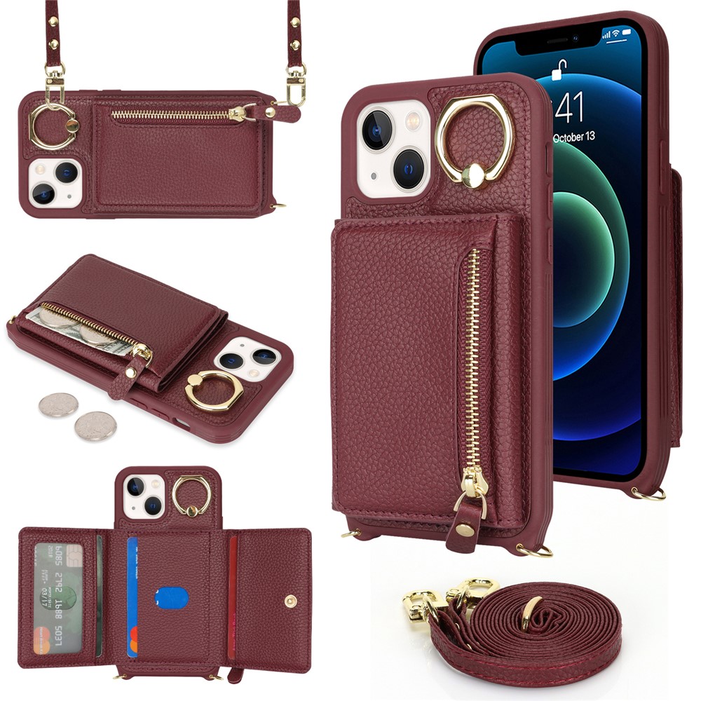 For iPhone 13 mini Case Card Bag Zipper Pocket Leather+TPU Ring Holder Phone Cover with Long Strap - Wine Red