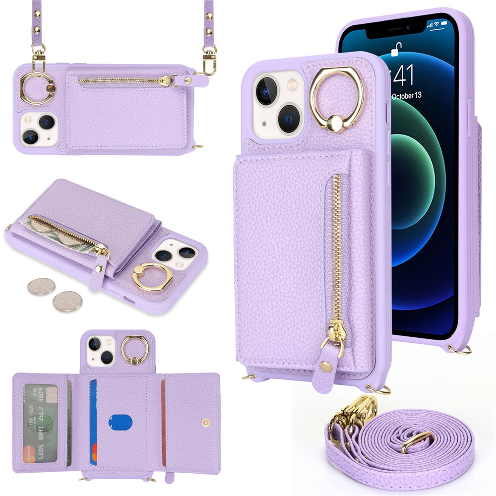 For iPhone 13 mini Case Card Bag Zipper Pocket Leather+TPU Ring Holder Phone Cover with Long Strap - Purple