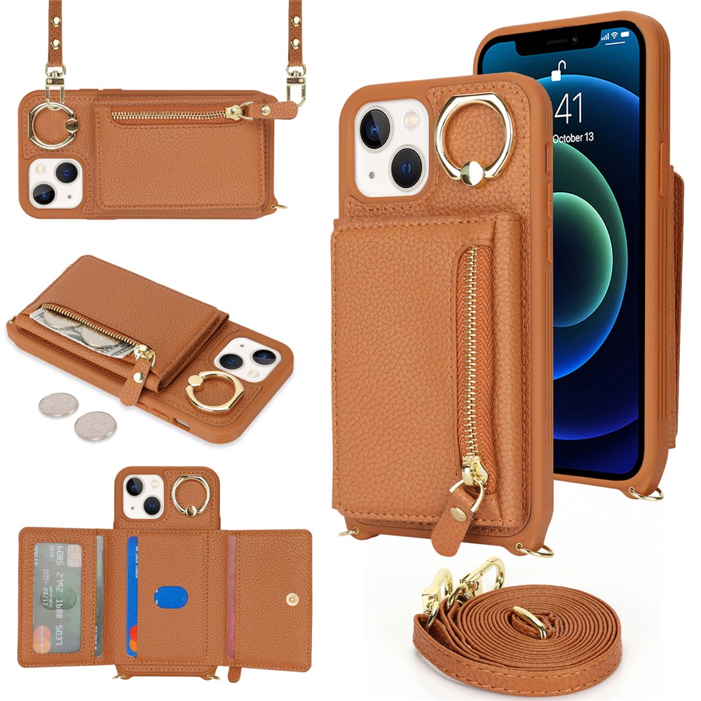 For iPhone 13 mini Case Card Bag Zipper Pocket Leather+TPU Ring Holder Phone Cover with Long Strap - Brown