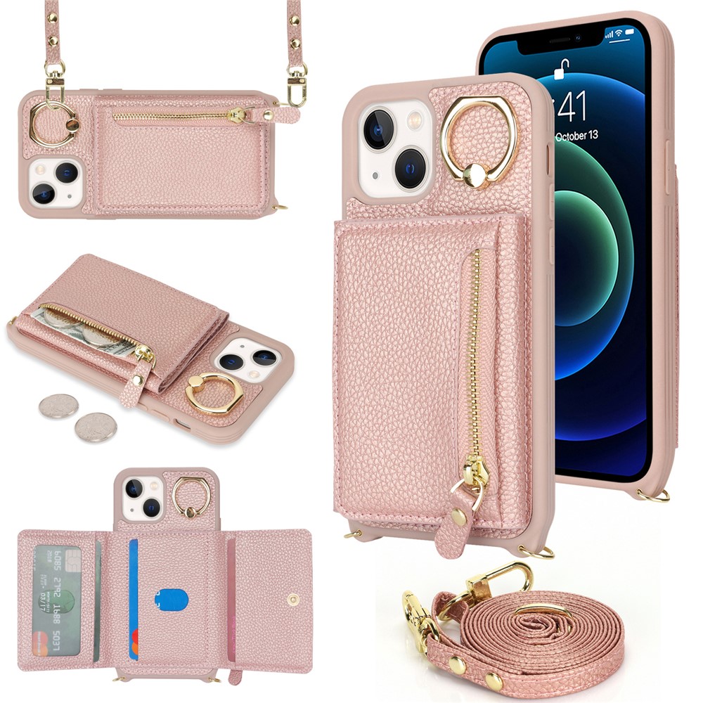 For iPhone 13 mini Case Card Bag Zipper Pocket Leather+TPU Ring Holder Phone Cover with Long Strap - Rose Gold