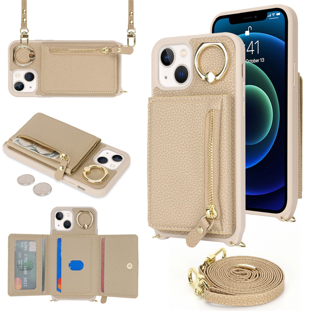 For iPhone 13 mini Case Card Bag Zipper Pocket Leather+TPU Ring Holder Phone Cover with Long Strap - Beige
