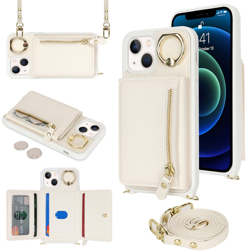 For iPhone 13 mini Case Card Bag Zipper Pocket Leather+TPU Ring Holder Phone Cover with Long Strap - White