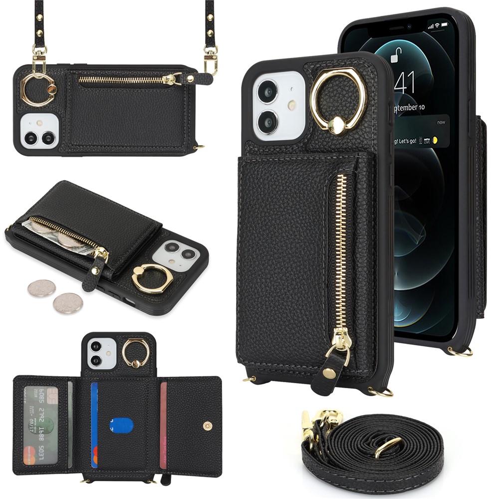 For iPhone 12 / 12 Pro Case Card Bag Ring Holder Litchi Texture Leather+TPU Phone Cover with Long Strap - Black