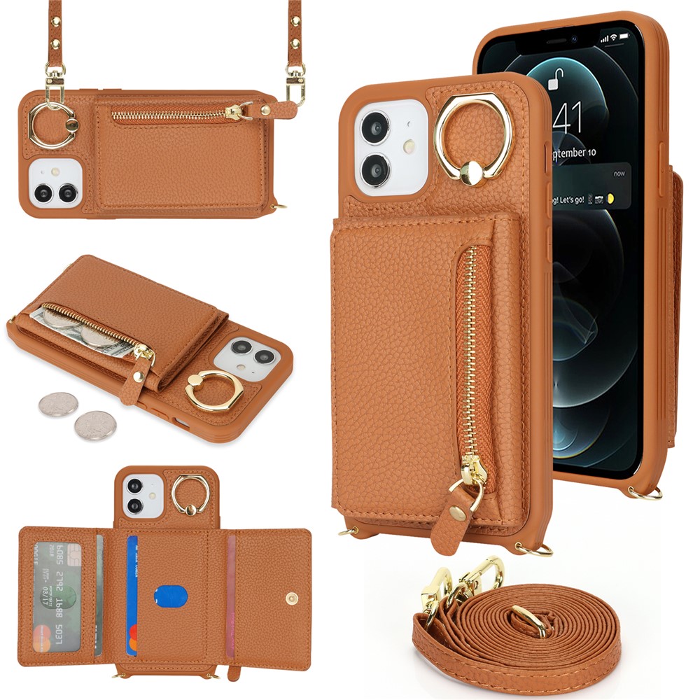 For iPhone 12 / 12 Pro Case Card Bag Ring Holder Litchi Texture Leather+TPU Phone Cover with Long Strap - Brown