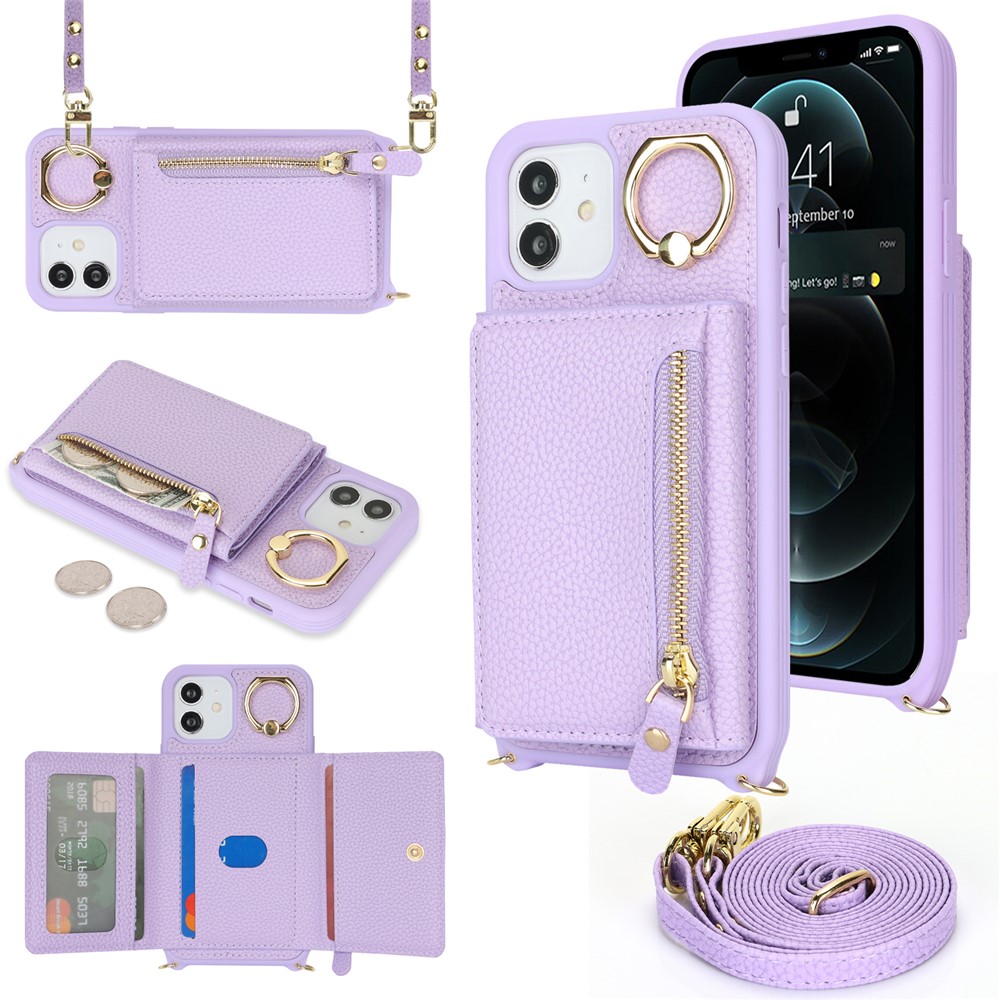 For iPhone 12 / 12 Pro Case Card Bag Ring Holder Litchi Texture Leather+TPU Phone Cover with Long Strap - Purple