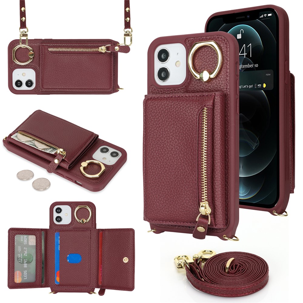 For iPhone 12 / 12 Pro Case Card Bag Ring Holder Litchi Texture Leather+TPU Phone Cover with Long Strap - Wine Red
