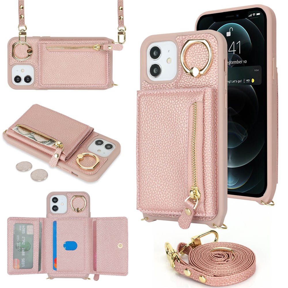 For iPhone 12 / 12 Pro Case Card Bag Ring Holder Litchi Texture Leather+TPU Phone Cover with Long Strap - Rose Gold