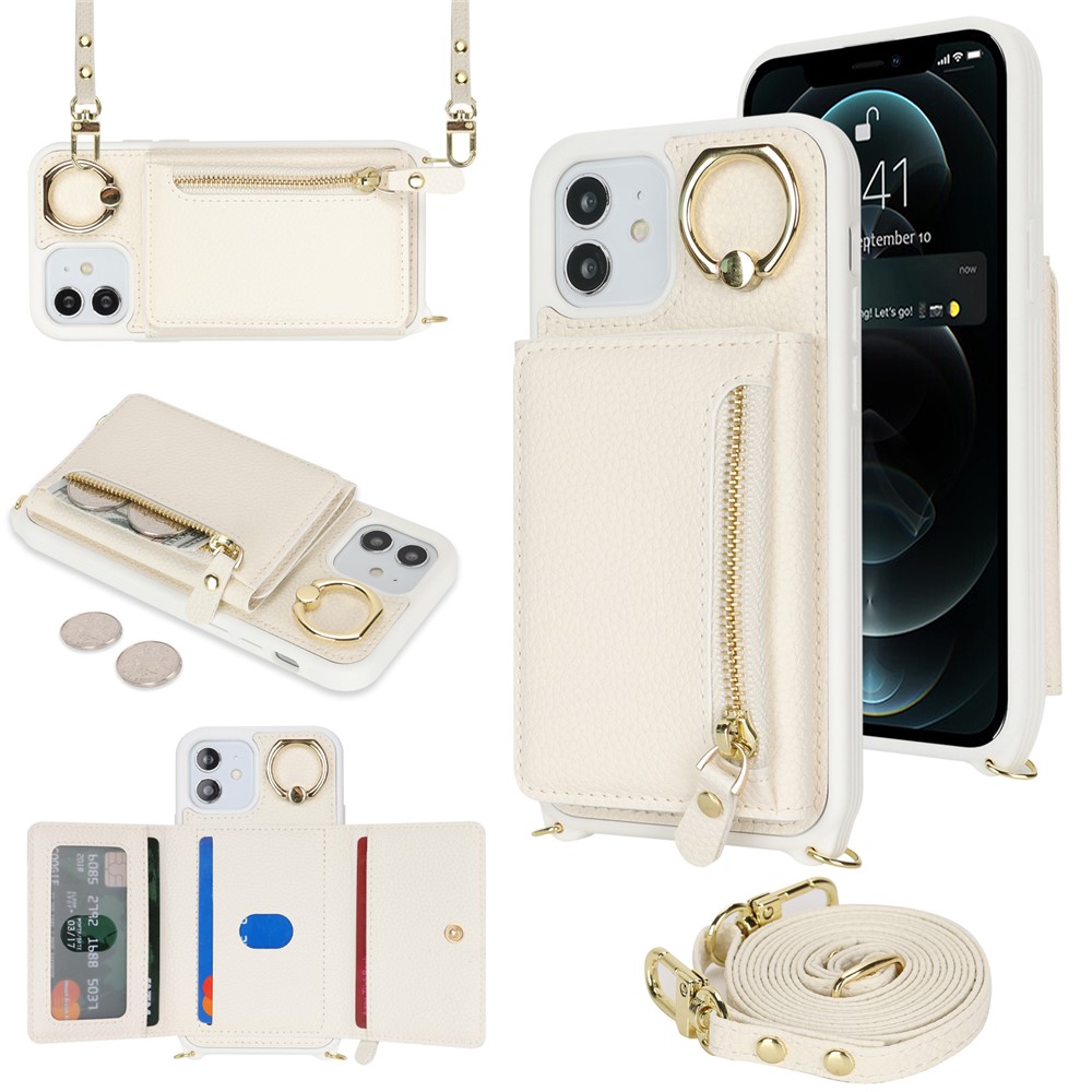 For iPhone 12 / 12 Pro Case Card Bag Ring Holder Litchi Texture Leather+TPU Phone Cover with Long Strap - White