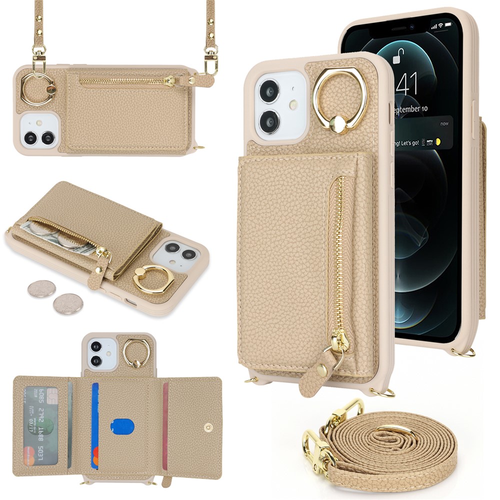 For iPhone 12 / 12 Pro Case Card Bag Ring Holder Litchi Texture Leather+TPU Phone Cover with Long Strap - Beige