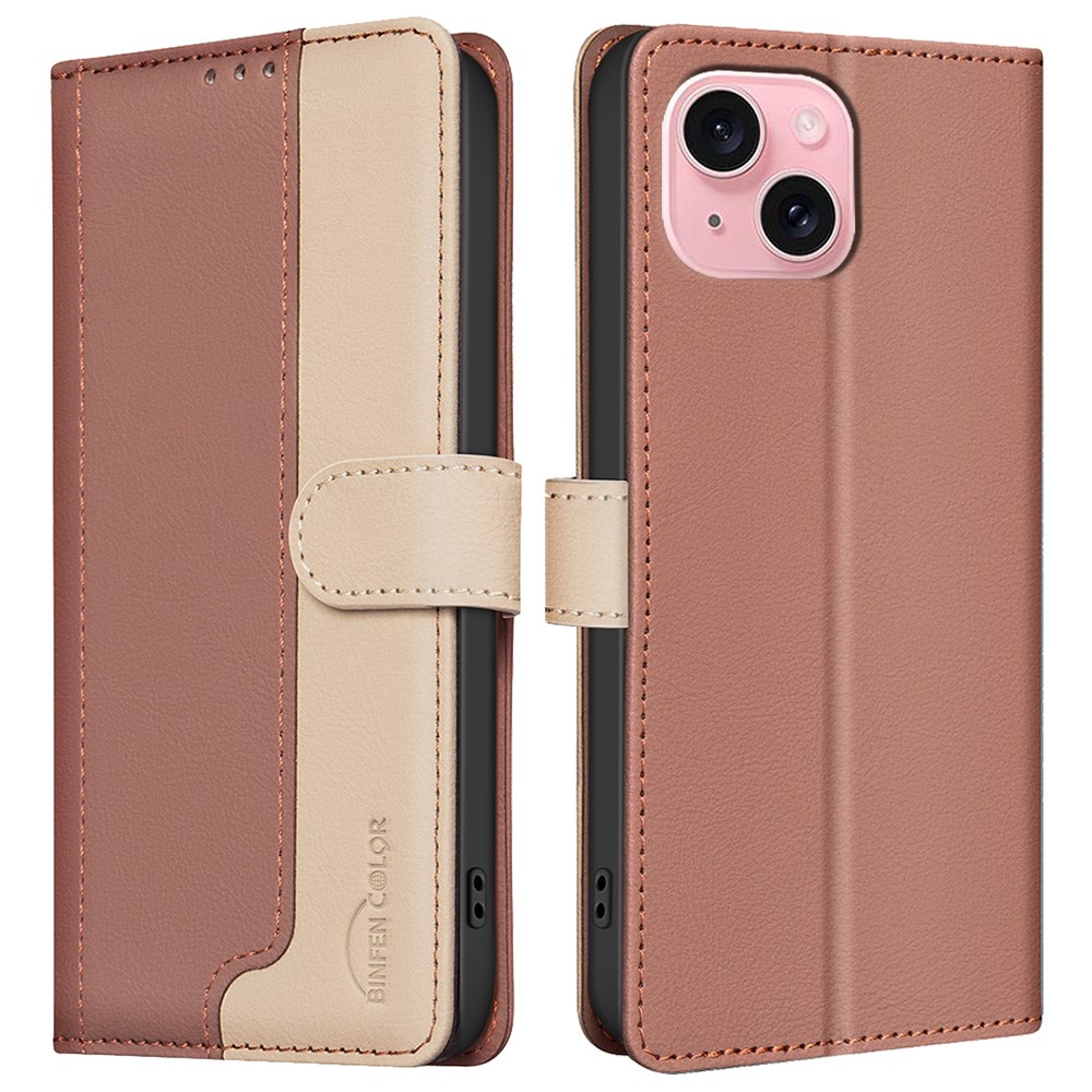 BINFEN COLOR BF33 For iPhone 15 Case Splicing Color Phone Cover RFID Blocking - Brown