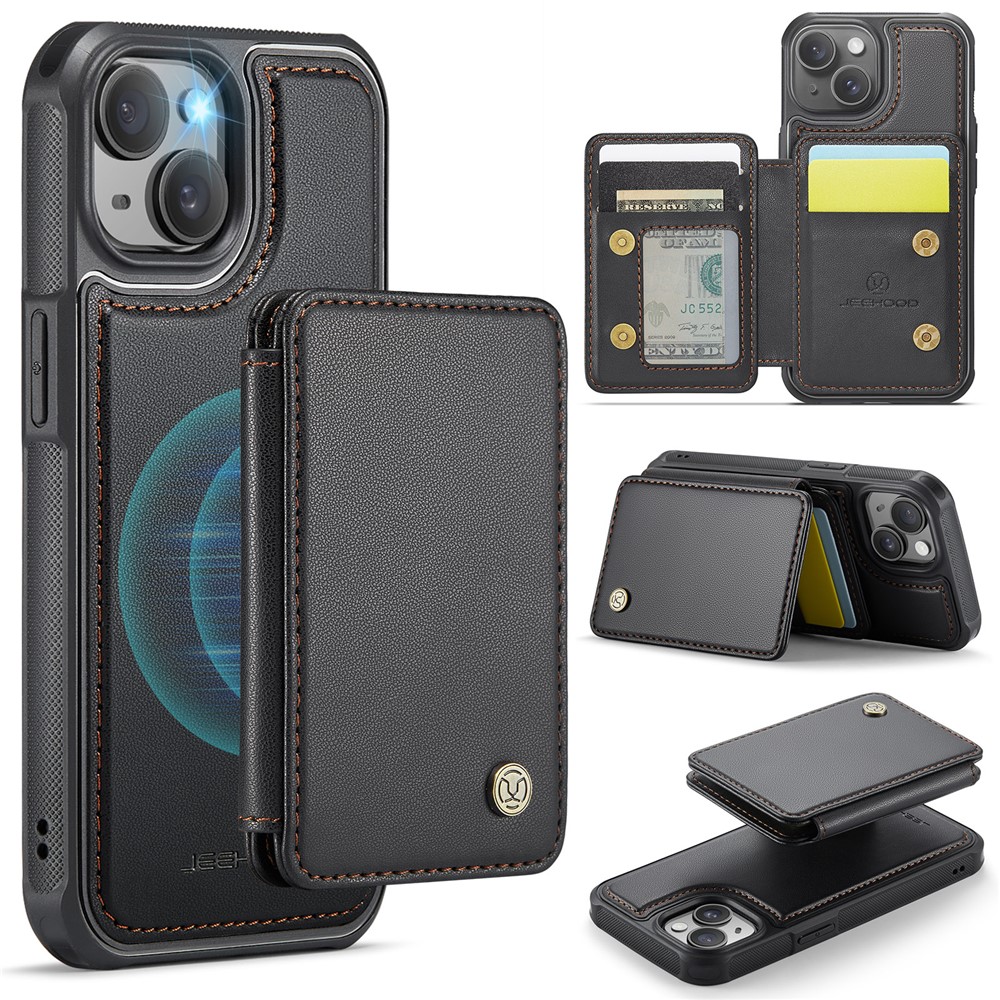 JEEHOOD J05 For iPhone 15 Plus Case Leather Mobile Cover with Detachable Magnetic Card Bag - Black