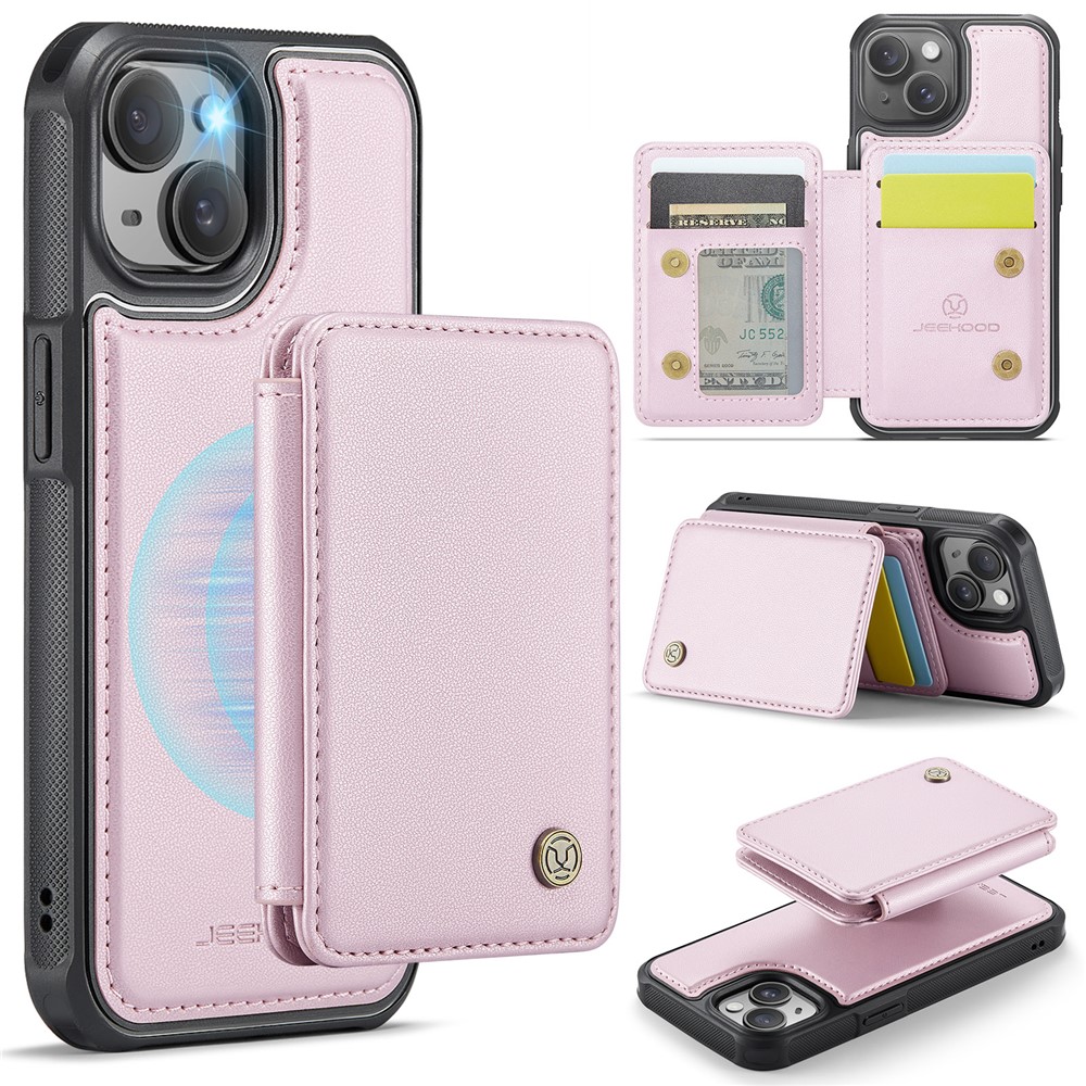 JEEHOOD J05 For iPhone 14 Plus Case Leather Mobile Cover with Detachable Magnetic Card Bag - Pink