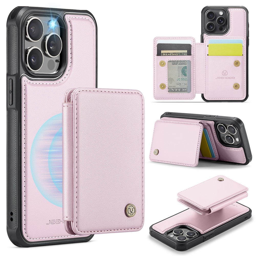 JEEHOOD J05 For iPhone 14 Pro Case Leather Mobile Cover with Detachable Magnetic Card Bag - Pink