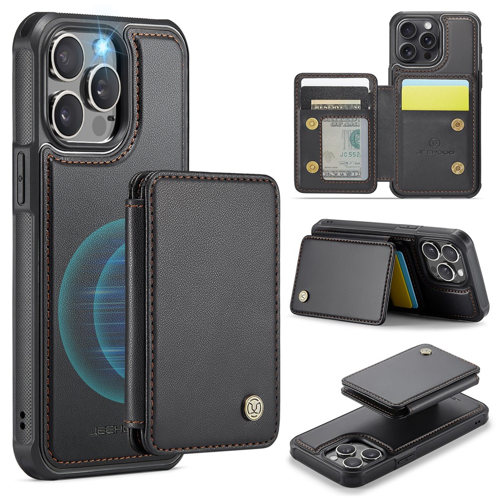 JEEHOOD J05 For iPhone 14 Pro Case Leather Mobile Cover with Detachable Magnetic Card Bag - Black