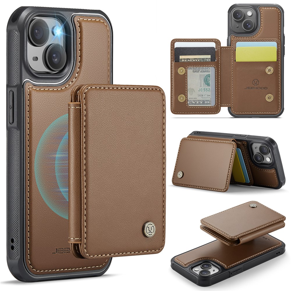 JEEHOOD J05 For iPhone 14 Case Leather Mobile Cover with Detachable Magnetic Card Bag - Brown