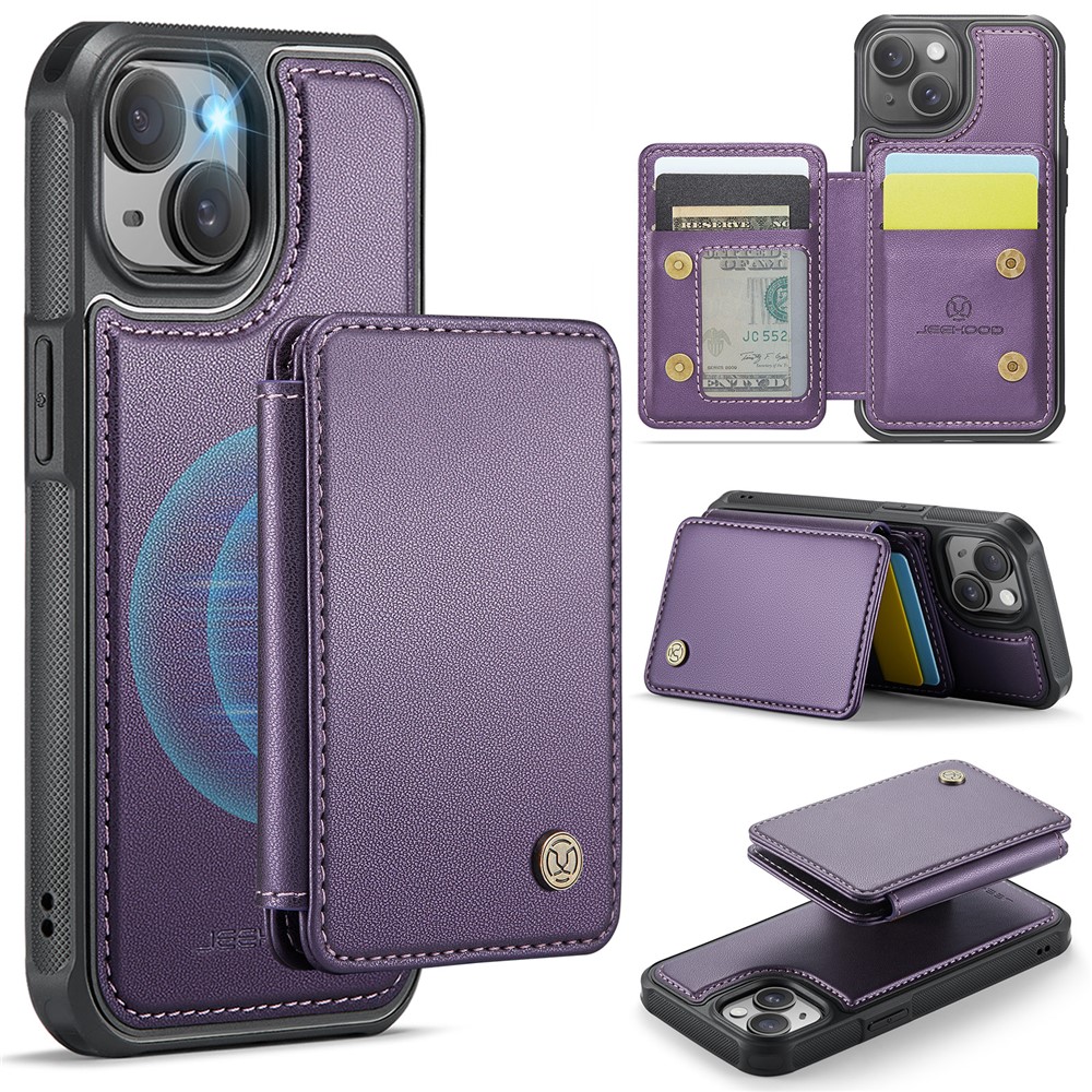 JEEHOOD J05 For iPhone 14 Case Leather Mobile Cover with Detachable Magnetic Card Bag - Purple