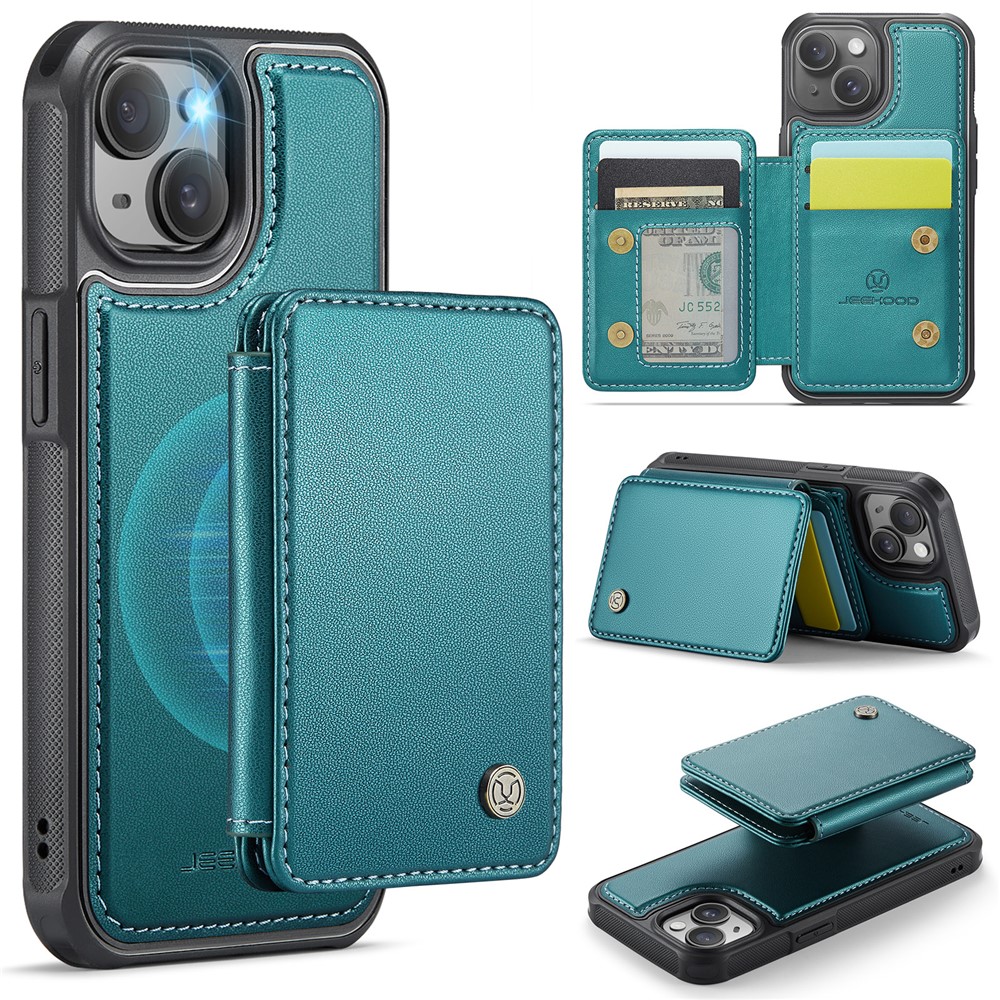 JEEHOOD J05 For iPhone 14 Case Leather Mobile Cover with Detachable Magnetic Card Bag - Cyan