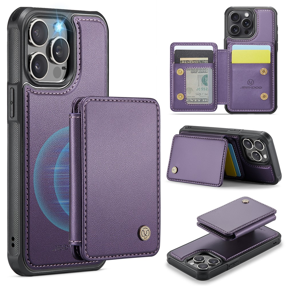 JEEHOOD J05 For iPhone 13 Pro Max Case Leather Mobile Cover with Detachable Magnetic Card Bag - Purple