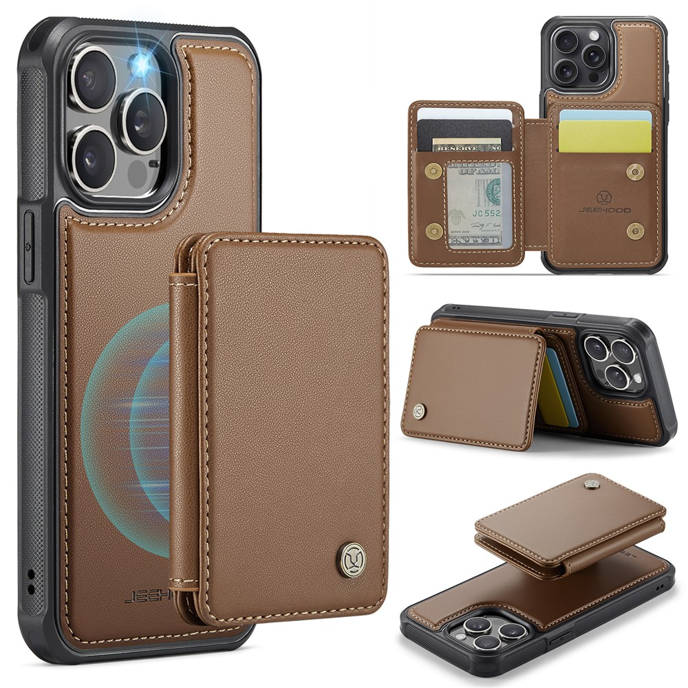JEEHOOD J05 For iPhone 13 Pro Case Leather Mobile Cover with Detachable Magnetic Card Bag - Brown