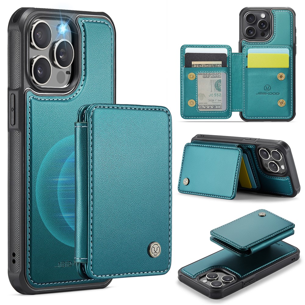 JEEHOOD J05 For iPhone 13 Pro Case Leather Mobile Cover with Detachable Magnetic Card Bag - Cyan
