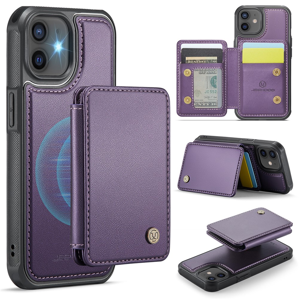 JEEHOOD J05 For iPhone 12 / 12 Pro Case Leather Mobile Cover with Detachable Magnetic Card Bag - Purple