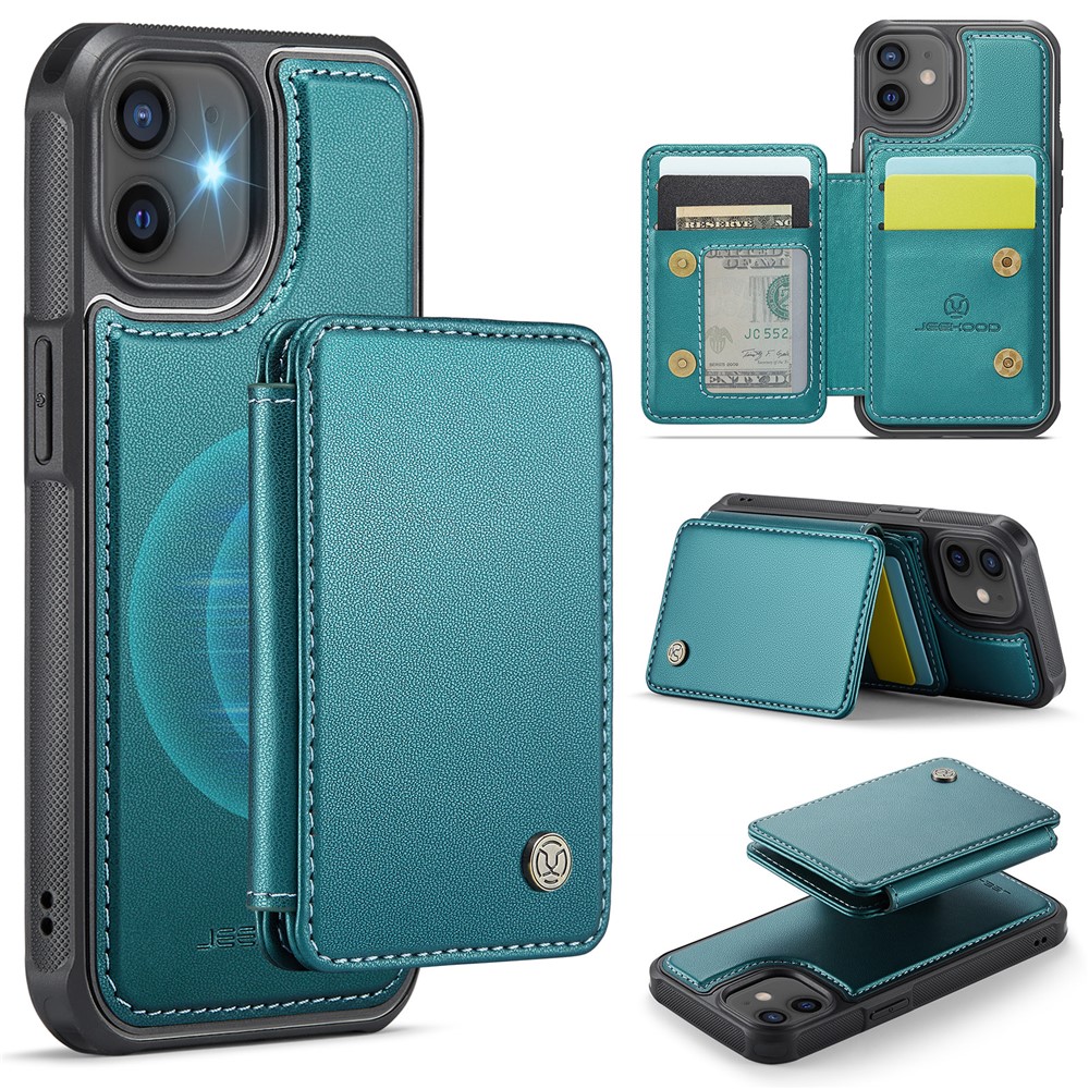 JEEHOOD J05 For iPhone 12 / 12 Pro Case Leather Mobile Cover with Detachable Magnetic Card Bag - Cyan