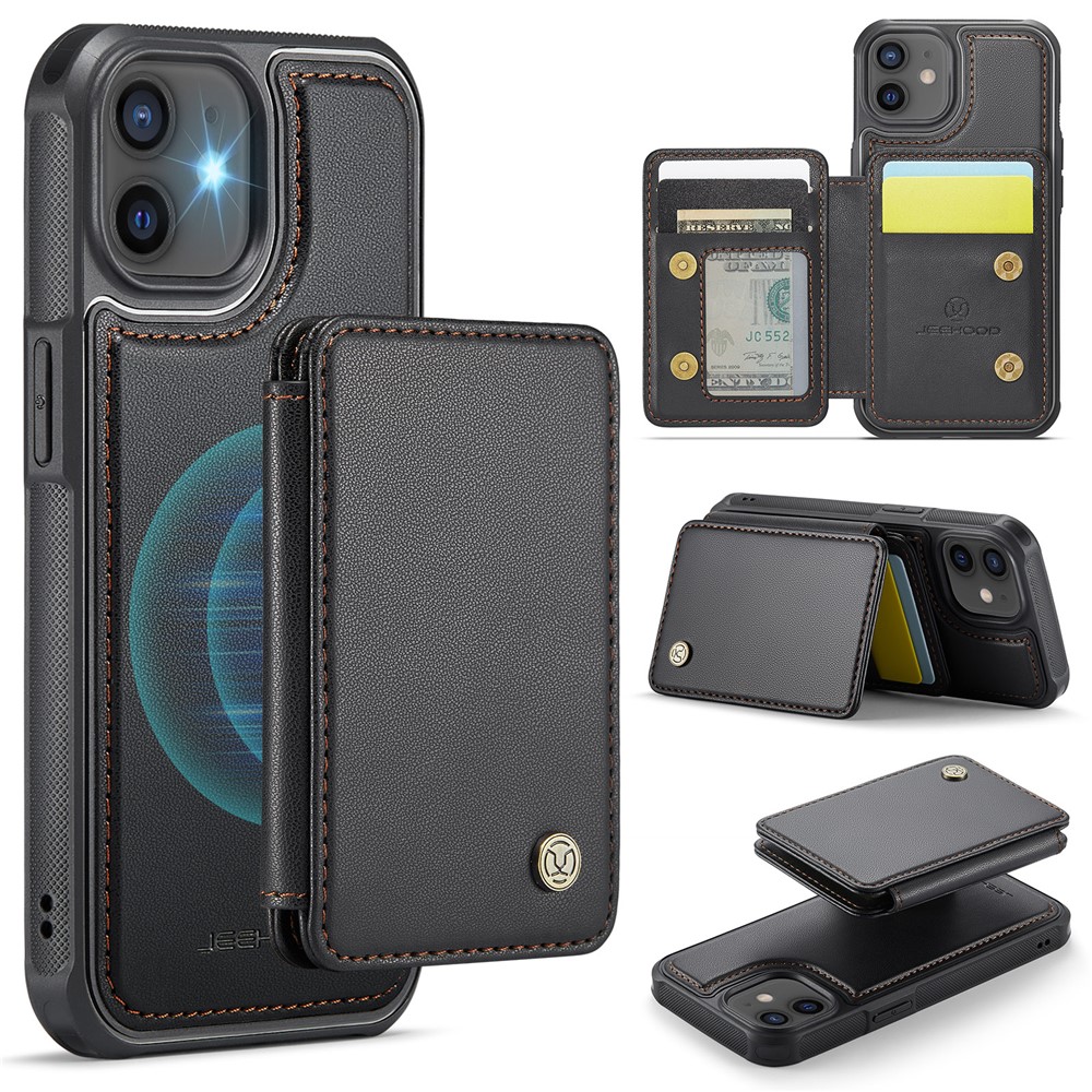 JEEHOOD J05 For iPhone 12 / 12 Pro Case Leather Mobile Cover with Detachable Magnetic Card Bag - Black